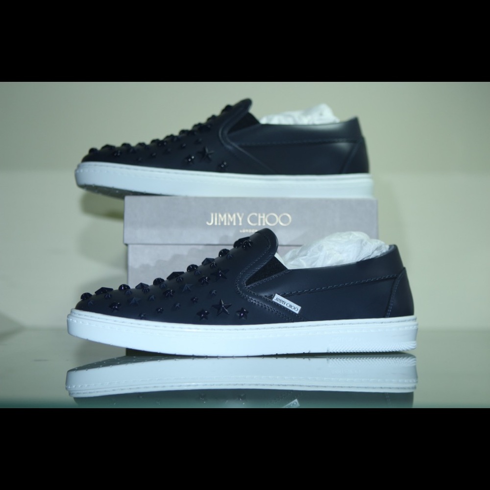 JIMMY CHOO - Grove Navy Leather Slip Stars 7.5/40